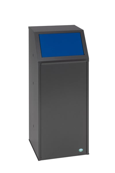 VAR Abfallbehälter aus Metall mit blauem Einwurfschlitz, anthrazitfarben, VAR Logo.