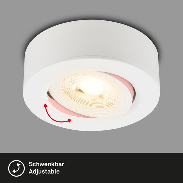 Runder weißer Deckenaufbaustrahler, schwenkbar.