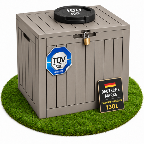 Gartenbox aus Kunststoff mit 130 Liter Fassungsvermögen und TÜV SÜD Prüfsiegel inklusive Vorhängeschloss.
