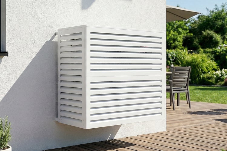 Wandmontierter Sichtschutz für Klimaanlage mit Lamellenstruktur im Außenbereich.