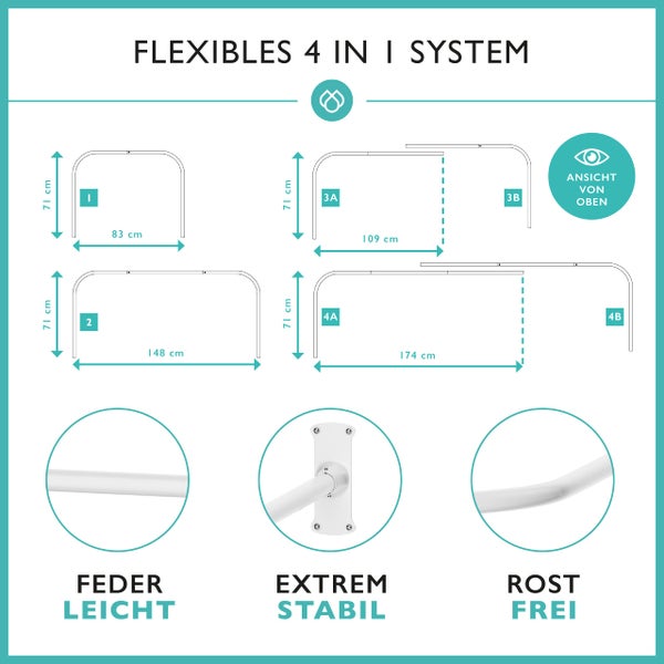 Duschvorhangstange L Form & Duschstange U Form 4 in 1 System inkl. 12 Ringe - Stabile Winkelstange Duschvorhang ohne Deckenhalterung - Duschstange Ecke Rostfrei - Duschvorhangstange Badewanne & Dusche