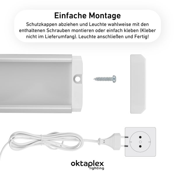 Montageanleitung fuer LED Leuchte mit Schraube und Stromkabel zum Anschluss an eine Steckdose von Oktaplex Lighting.