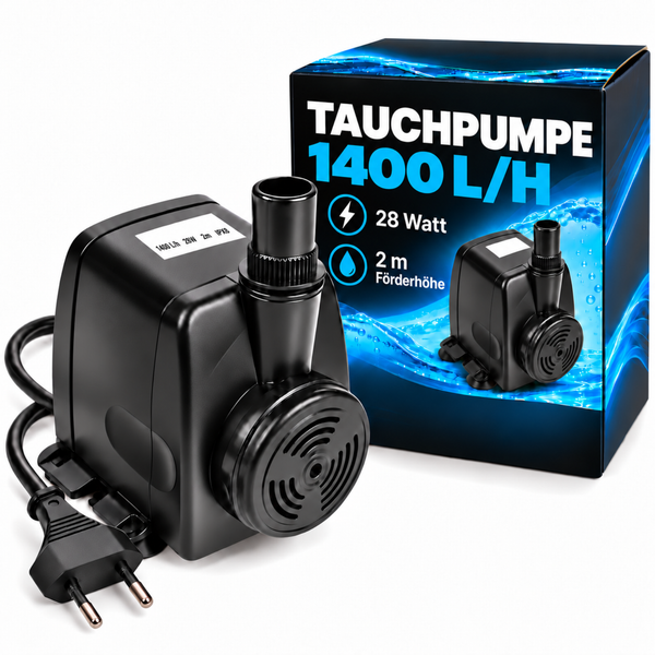 Tauchpumpe mit 1400 Liter pro Stunde Förderleistung, 28 Watt Leistung und 2 Meter Förderhöhe inklusive Produktverpackung.