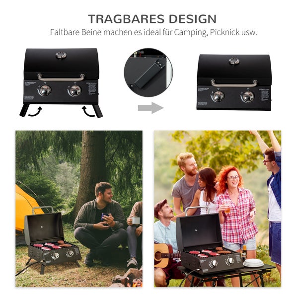 Outsunny Gasgrill, Tischgrill, mit Druckminderer und Schlauch, 55 x 46,5 x 41 cm, Edelstahl, Schwarz
