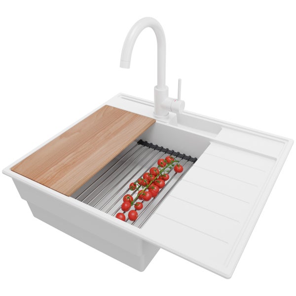 PRIMAGRAN Granitspüle Alles Weiß 62x53cm, Spülbecken 1 Becken + Küchenarmatur 32x20cm + Ablauf-Set + Küchenzubehörset, Küchenspüle ab 45er Unterschrank - Sydney Pocket