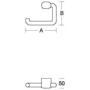 Maßzeichnung eines Toilettenpapierhalters mit technischen Angaben zur Breite A, Höhe B und Tiefe 50.