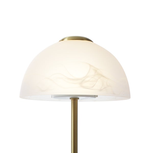 Halbkugelförmiger Lampenschirm aus Milchglas mit Marmoreffekt und einer messingfarbenen Metallstange.