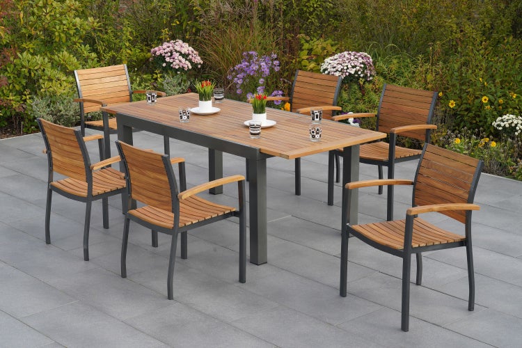 Santorin Gartenmöbelset 7tlg., 6 Stapelsessel, Ausziehtisch 150 (200) x 90 cm