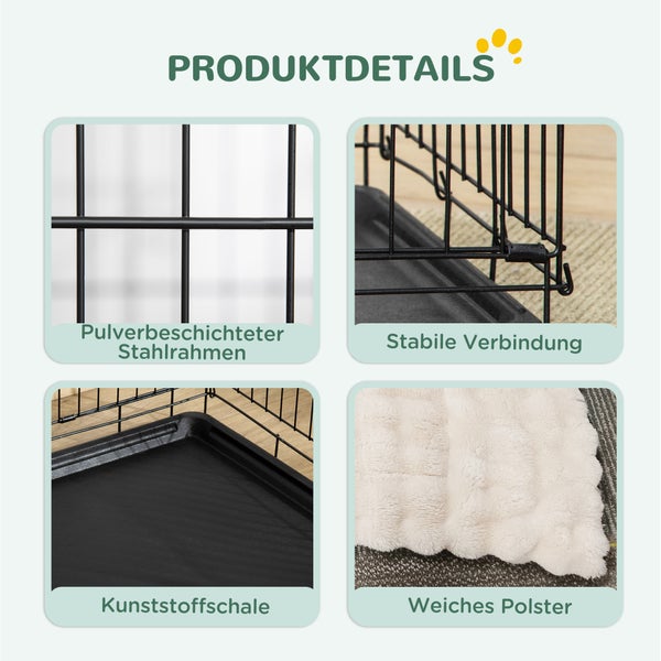 Produktdetails für Hundekäfig: pulverbeschichteter Stahlrahmen, stabile Verbindung, Kunststoffschale und weiches Polster.