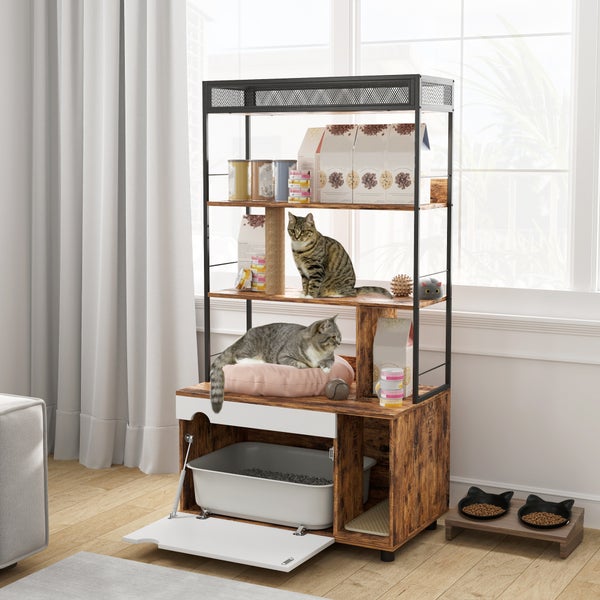 PawHut 2-in-1 Katzenklo Schrank, Katzenklo mit 3-Ebenen-Regal, Kratzpfosten, Klapptür, Katzenhaus für Katze unter 6 kg, 80 x 48 x 152 cm, Rustikal-Braun