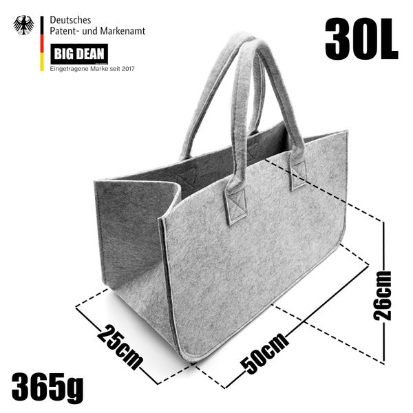 BigDean 3 Stück Filztasche groß in Hellgrau für Kaminholz oder als Shopper verwendbar – Kaminholzkorb im leichten & kompakten Design – faltbarer Holzkorb
