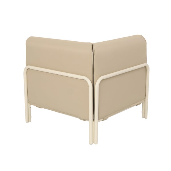 Eckelement eines Lounge-Sofas mit Metallgestell und beiger Polsterung, Rückansicht.