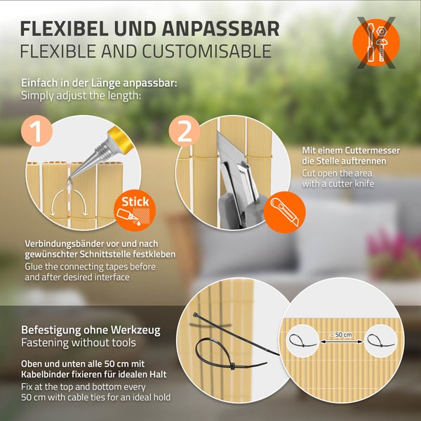 ECD Germany PVC Sichtschutzmatte 80x300 cm, Bambus, Sichtschutzzaun 3-Gewicht-Verstärkung, UV-beständig, Wasserdicht, Windschutz Balkonverkleidung Zaunblende Sichtschutz für Garten Balkon Terrasse