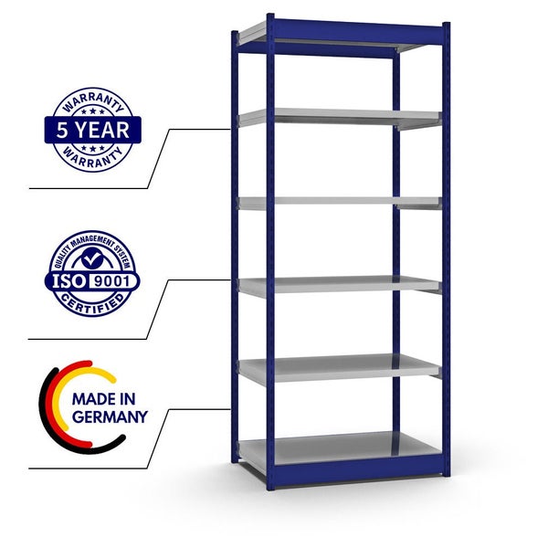 PROREGAL Fachbodenregal Stecksystem Vierkant-Profil Grundregal HxBxT 250 x 102,5 x 60 cm 6 Ebenen Einseitige Bauart Fachlast 200 kg Enzianblau