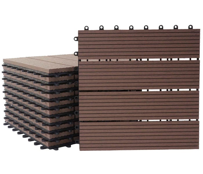 Braune Klickfliese aus Holz-Kunststoff-Verbundwerkstoff für die Terrasse mit geriffelter Oberfläche.