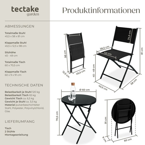 Bistro-Set tectake Düsseldorf Tisch mit Sicherheitsglasplatte klappbar, für 2 Personen schwarz