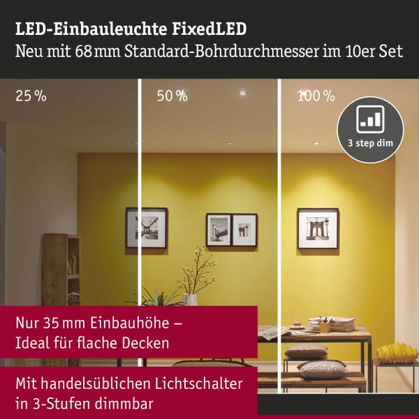 LED-Einbauleuchte FixedLED im 10er Set, 68 Millimeter Bohrdurchmesser, 35 Millimeter Einbauhöhe und 3 Dimmstufen von 25 bis 100 Prozent.