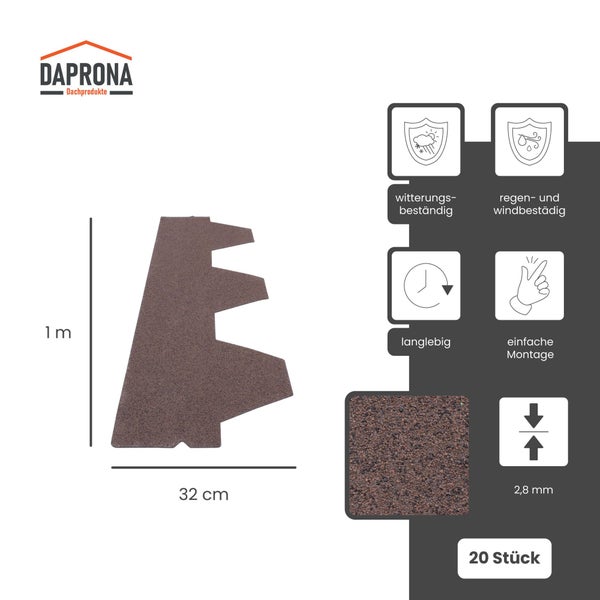 Daprona Logo, Bitumenschindeln Biberschwanz, 1 Meter mal 32 Zentimeter, 2,8 Millimeter Stärke, 20 Stück, witterungsbeständig, einfache Montage.