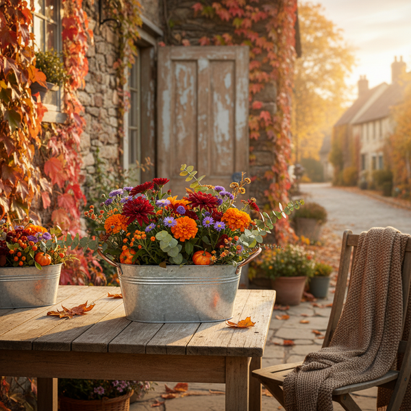 Herbstliches Blumenarrangement mit Astern, Dahlien und Minikürbissen in einer Zinkwanne auf einem hölzernen Gartentisch vor einer Steinwand.