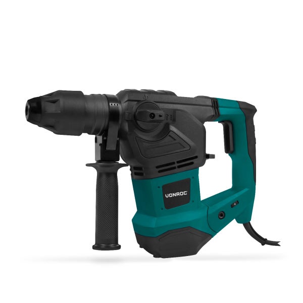 Türkis-schwarzer Vonroc Bohrhammer mit Zusatzhandgriff und D-Handgriff für Bohr- und Meißelarbeiten.