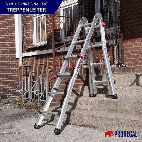 Ein Mann auf einer Anlegeleiter montiert eine Außenlampe an einer Ziegelmauer. Proregal Logo sichtbar.