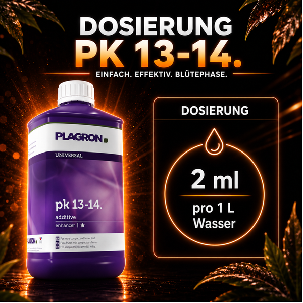 Plagron PK 13-14 Pflanzendünger mit Dosierungshinweis von 2 Milliliter auf 1 Liter Wasser für die Blütephase von Pflanzen.