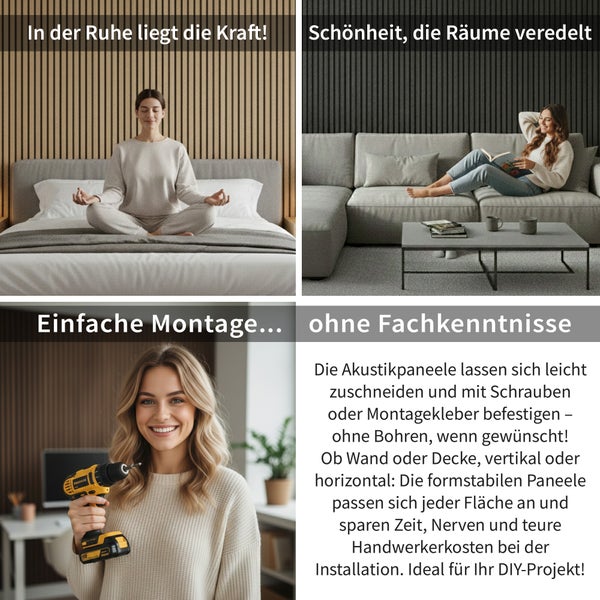 Vierfachbild zur Präsentation von Wandpaneelen mit Montageanleitung und Anwendungsszenarien im Innenbereich.