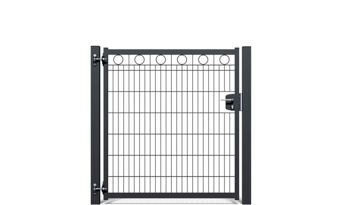 Zauntür ZAUNGURU BASIC-Linie Berlin Kreis aus Metall, Höhe: 143cm, Breite: 150cm, 1-flügelig inkl. Pfosten, Schloss und Zubehör, Feuerverzinkt und zusätzlich in RAL 7016 Anthrazitgrau pulverbeschichtet