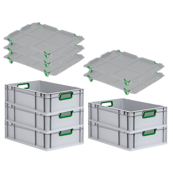 PROREGAL Spar Set 5x Eurobox Nextgen Color Mit Auflagedeckel & Schiebeschnappverschlüsse HxBxT 17 x 40 x 60 cm Griffe Grün Offen Glatter Boden