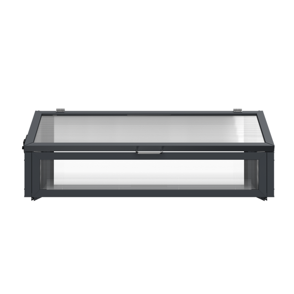 Frühbeet mit dunkelgrauem Metallrahmen und transparenten Hohlkammerplatten, aufklappbarer Deckel mit Griff.