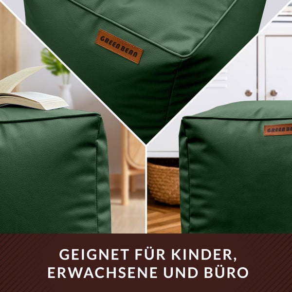 Detailansicht eines grünen Sitzwürfels mit dem Firmenlogo Green Bean, geeignet für Kinder, Erwachsene und Büro