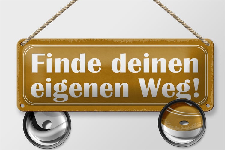 Blechschild Spruch 27x10cm finde deinen eigenen Weg gelbes Schild