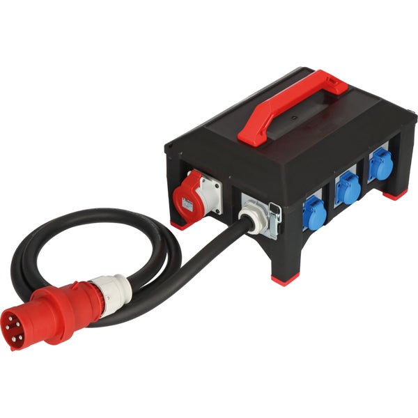 Stromverteiler mit CEE-Stecker und mehreren Schutzkontaktsteckdosen