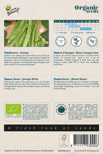 Buzzy Organic Seeds Packung mit Informationen zu Emergo Stangenbohnen