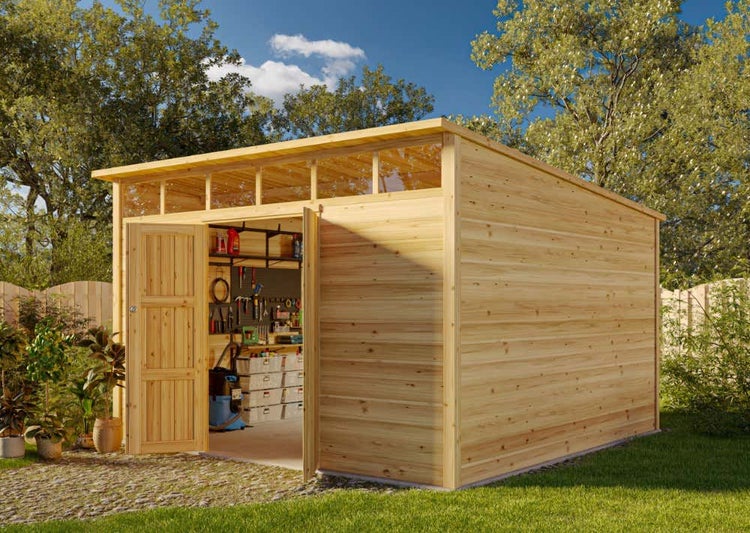 Alpholz Gerätehaus Q Line 360x300 Gerätehaus aus Holz, Geräteschrank mit 28 mm Wandstärke, Gartenhaus, Naturbelassen 3,7x3,4m