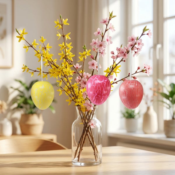 Osterdekoration mit hängenden Eiern an Forsythien und Kirschblütenzweigen in einer Glasvase auf einem Holztisch.