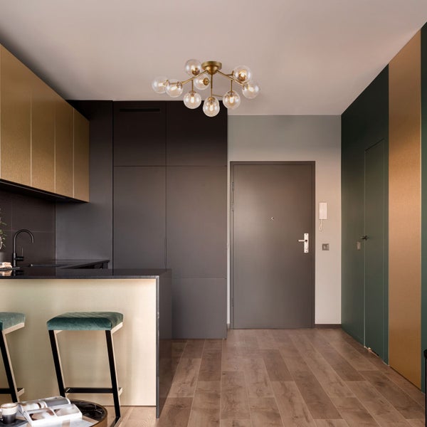 Innenaufnahme eines Flurs mit Küchentheke, Deckenleuchte und Holzboden