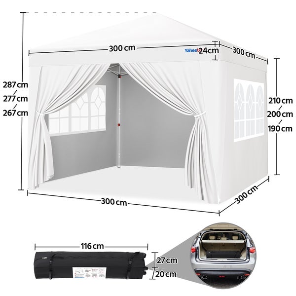 Abbildung eines Pavillons mit Maßen und einer Tragetasche sowie einem Auto, das die Transportfähigkeit demonstriert.