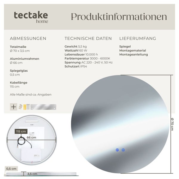 Produktinformationen zu einem runden Spiegel von tectake home, einschließlich Abmessungen, technischen Daten und Lieferumfang.