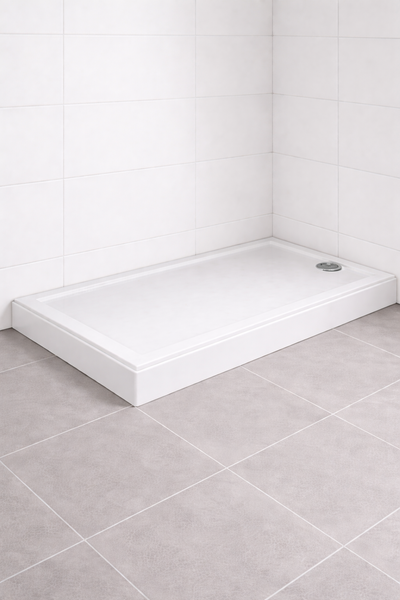 Rechteckige Duschwanne aus Sanitäracryl im Badezimmer.