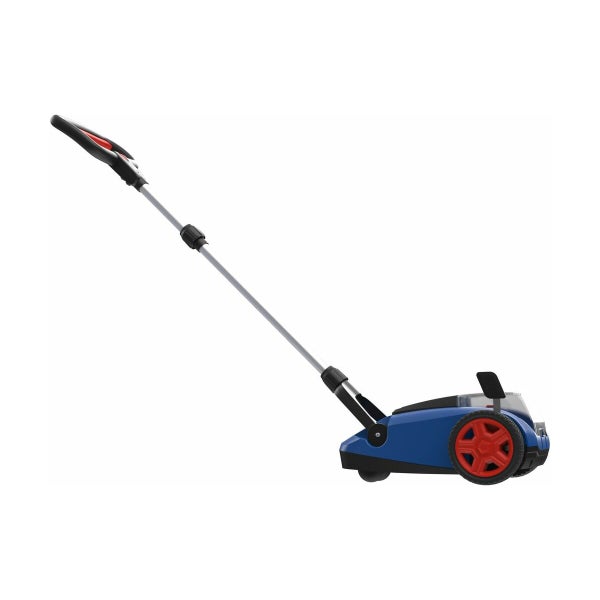 Akku-Fugenreiniger mit teleskopierbarem Stiel, blauem Gehäuse und rotem Führungsrad für die Reinigung von Terrassenfugen.