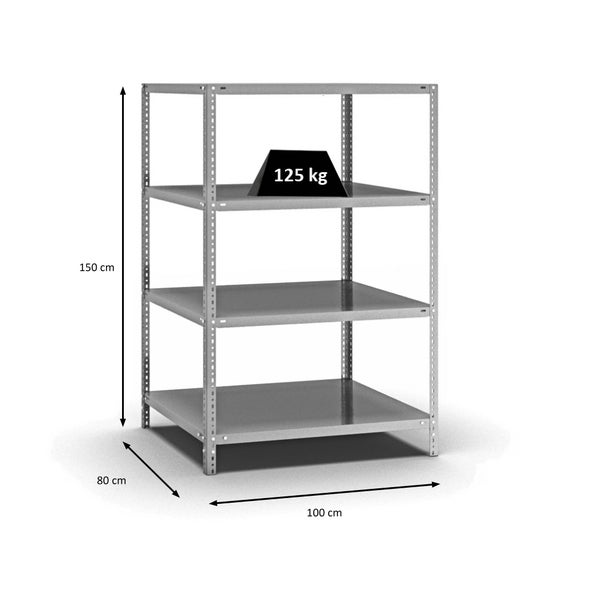 PROREGAL Fachbodenregal Schraubsystem Light-Duty Grundregal HxBxT 150 x 100 x 80 cm 4 Ebenen Fachlast 125 kg Beidseitig Nutzbar Verzinkt
