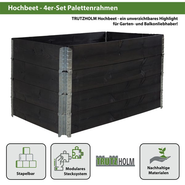 Hochbeet 4er Set Palettenrahmen Pflanzbeet 120x80x80 cm aus Holz schwarz Garten Balkon stapelbar