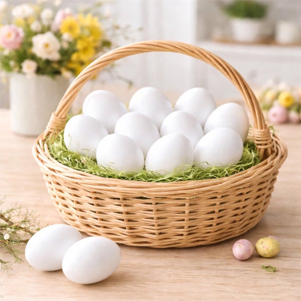 Geflochtener Osterkorb mit weißen Eiern auf grünem Ostergras auf einem Holztisch.