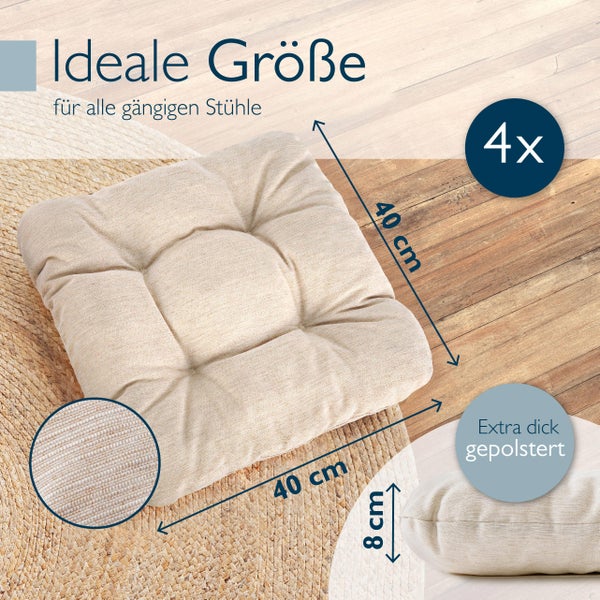 Viererpack Sitzkissen mit den Maßen 40 mal 40 mal 8 Zentimeter