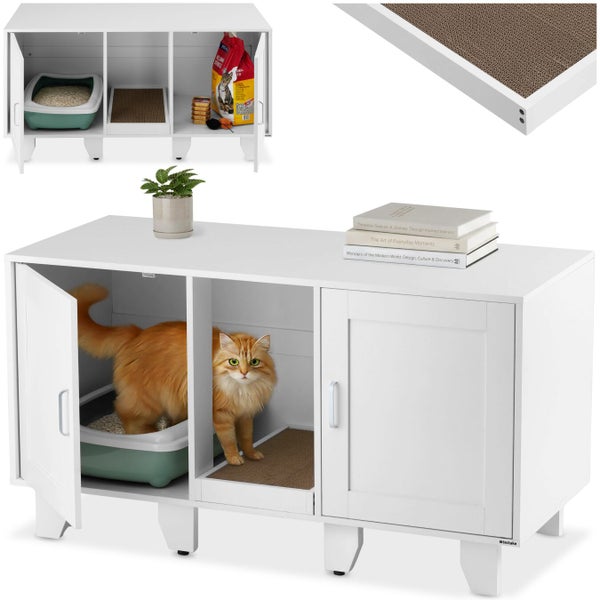 Produktdetails eines Katzenschranks mit Metallgriff, Magnetverschluss, Kratzmatte aus Wellpappe und höhenverstellbaren Standfüßen.