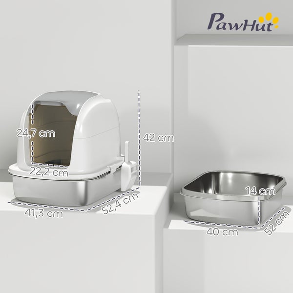 PawHut Katzentoilette aus Edelstahl mit Haube und Streuschaufel, Maße: 52,4 mal 41,3 mal 42 Zentimeter. PawHut Logo.