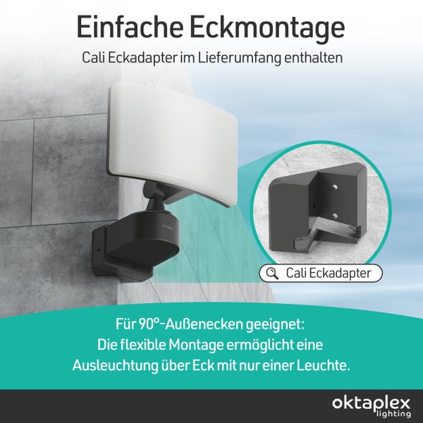 LED-Außenstrahler montiert an einer 90 Grad Außenecke mit dem Cali Eckadapter von oktaplex lighting für flexible Ausleuchtung.