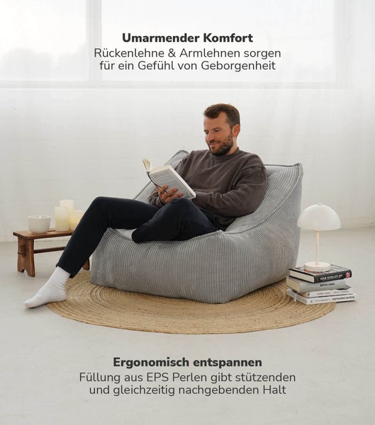 mokebo Sitzsack Sessel aus Cord 'Der Lümmel', XXL Sitzsack, Cord Sessel oder Sitz Sessel in Grau