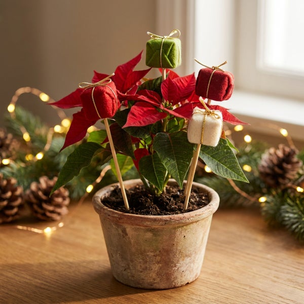 Weihnachtsstern in einem Tontopf dekoriert mit kleinen Filzgeschenkpaketen auf Holzstäben auf einem Tisch mit Tannenzweigen und Lichterkette.
